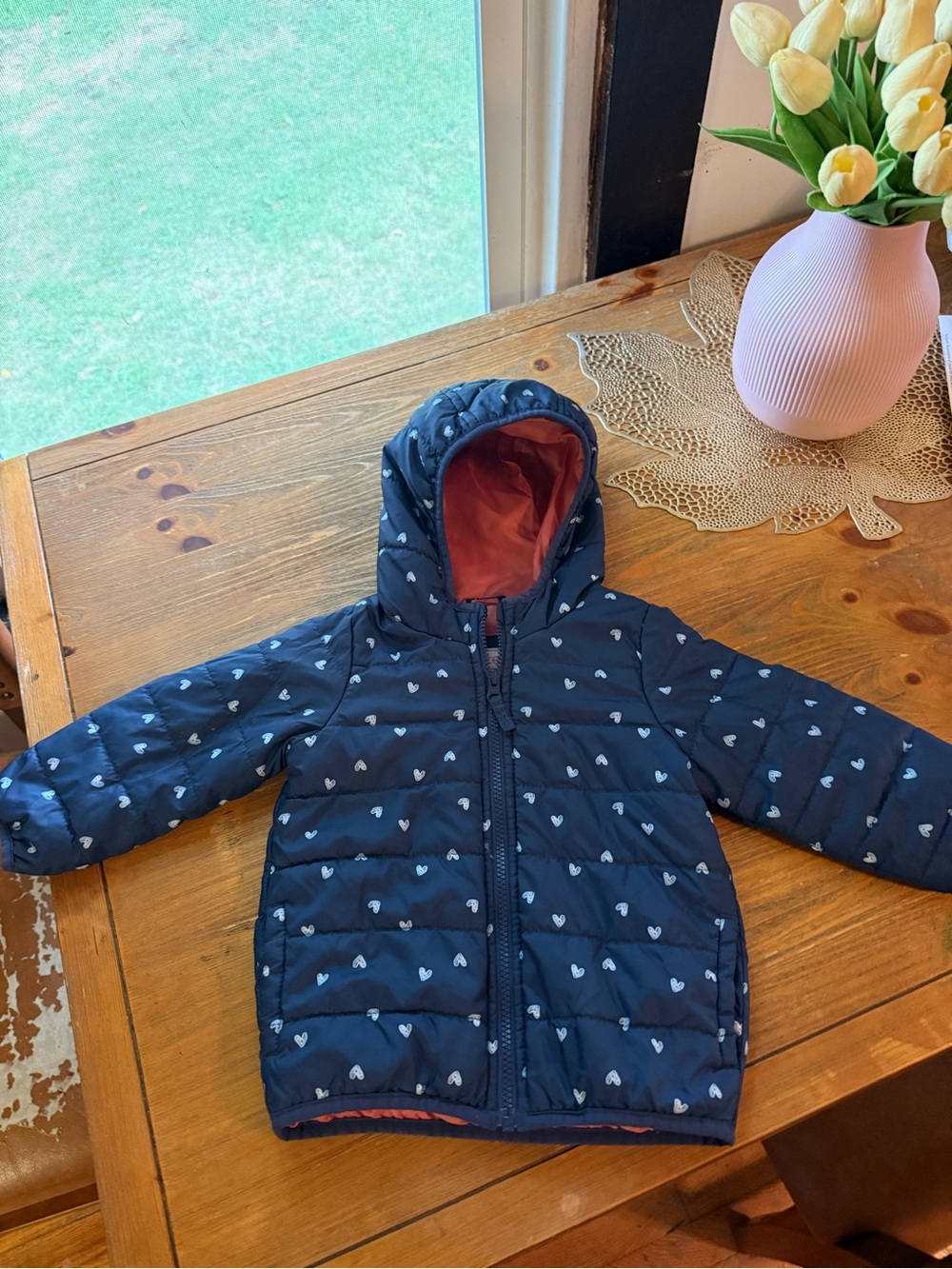 Carter's Navy Puffer Jacket with Coral Lining and White Hearts